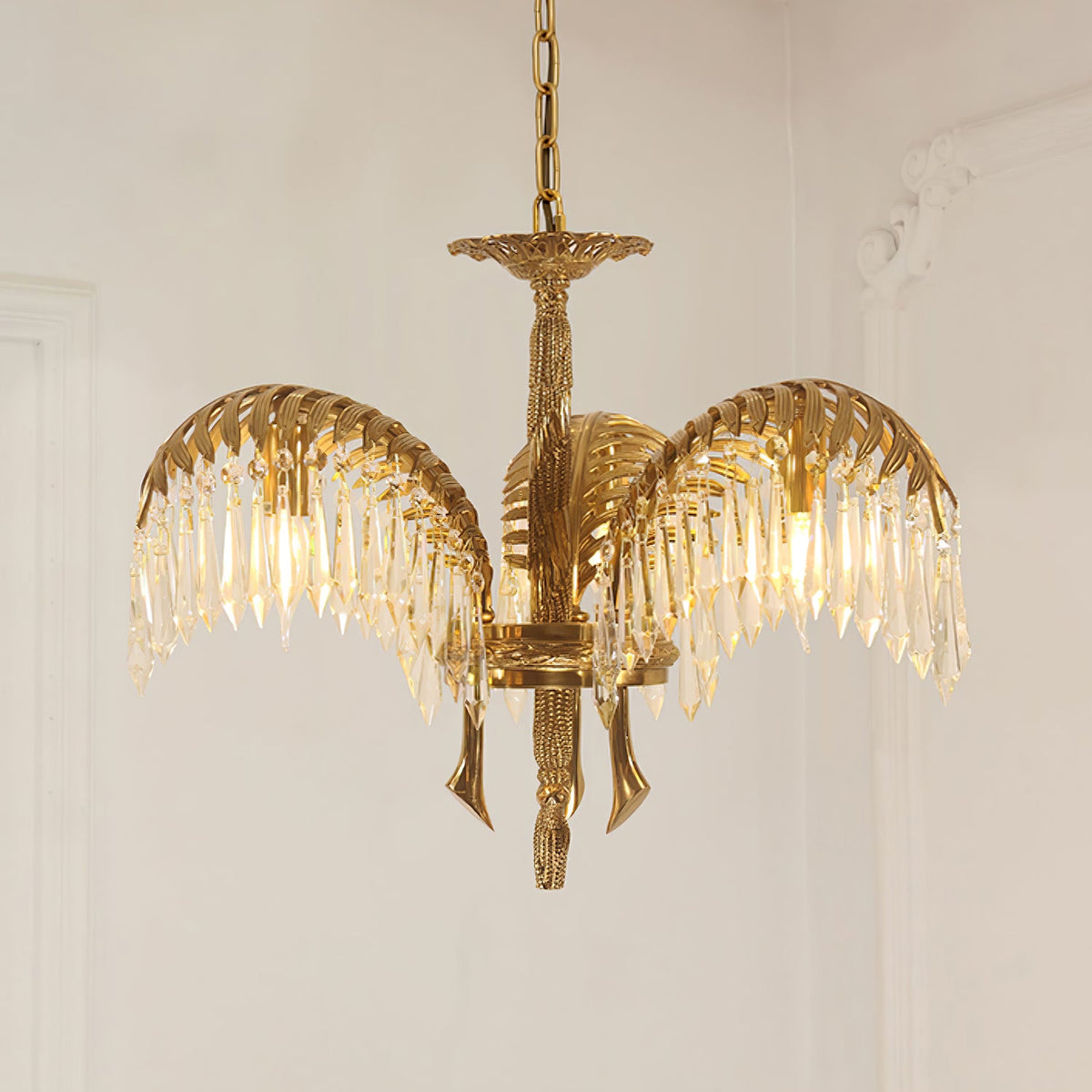 Brass Palm Leaf Crystal Chandelier
