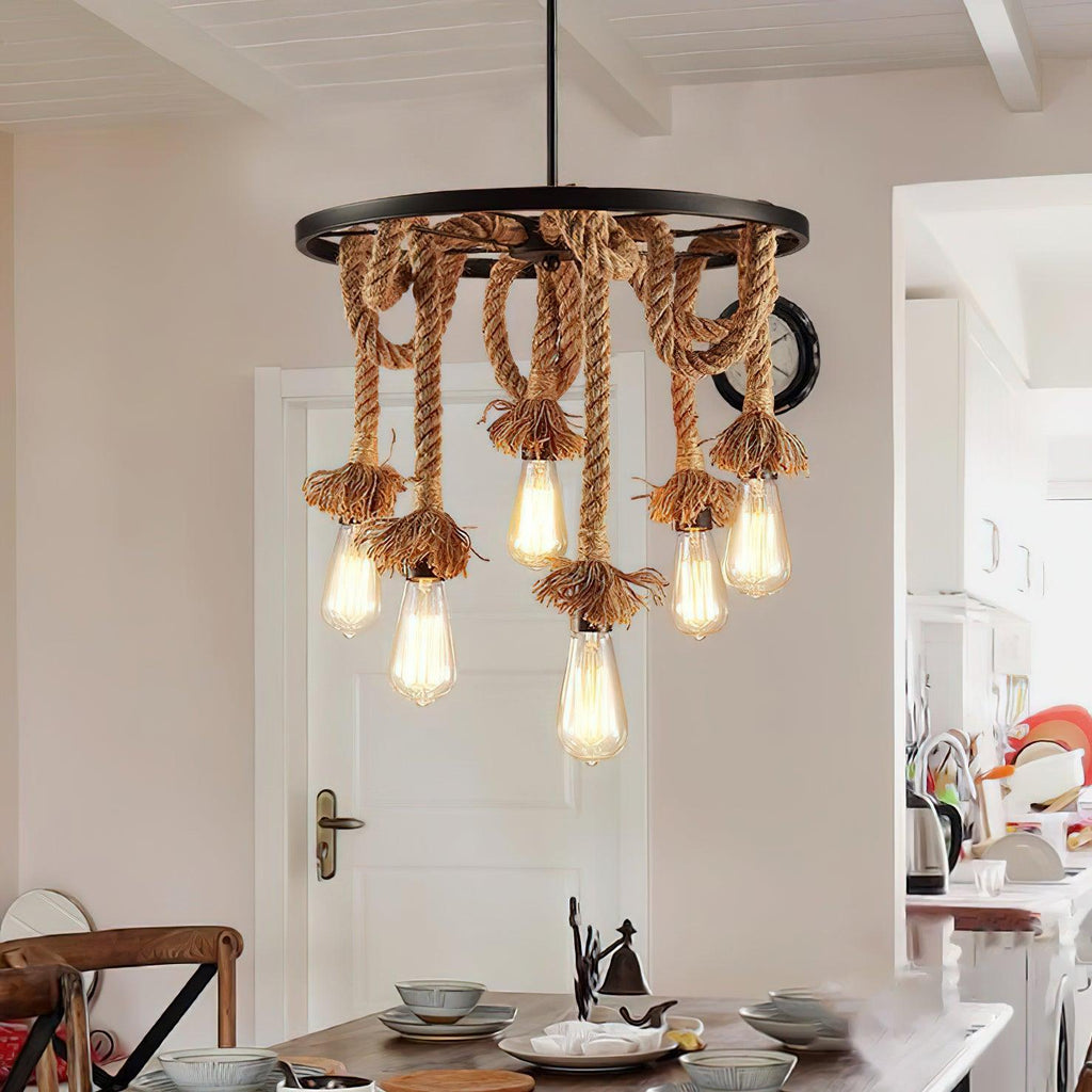Hemp Rope Industrial Six Head Chandelier