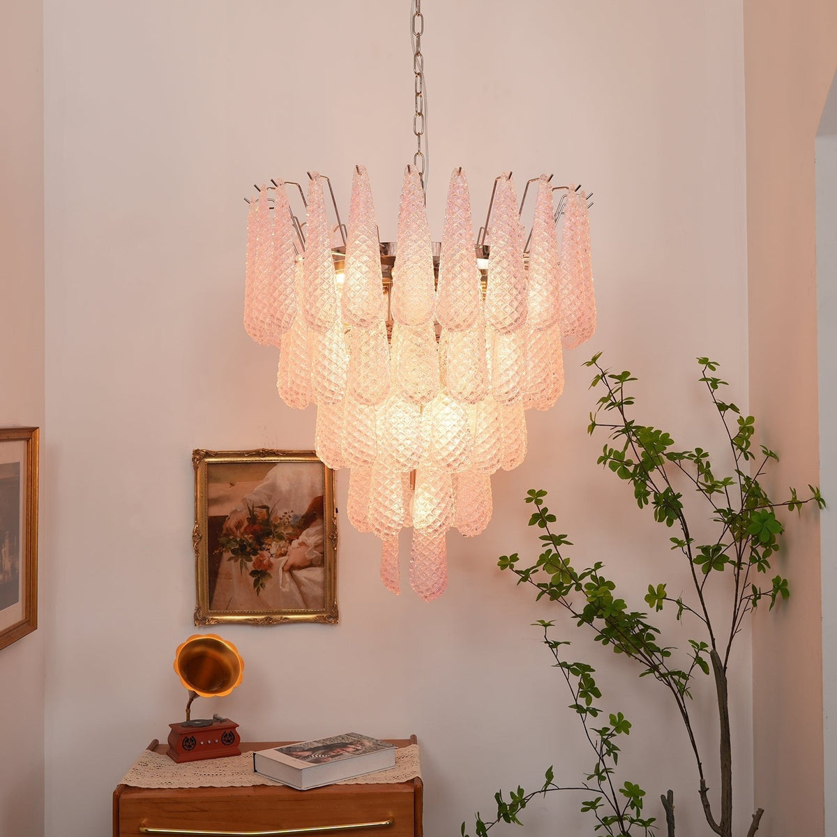 Murano Pink Glass Dewdrop Chandelier