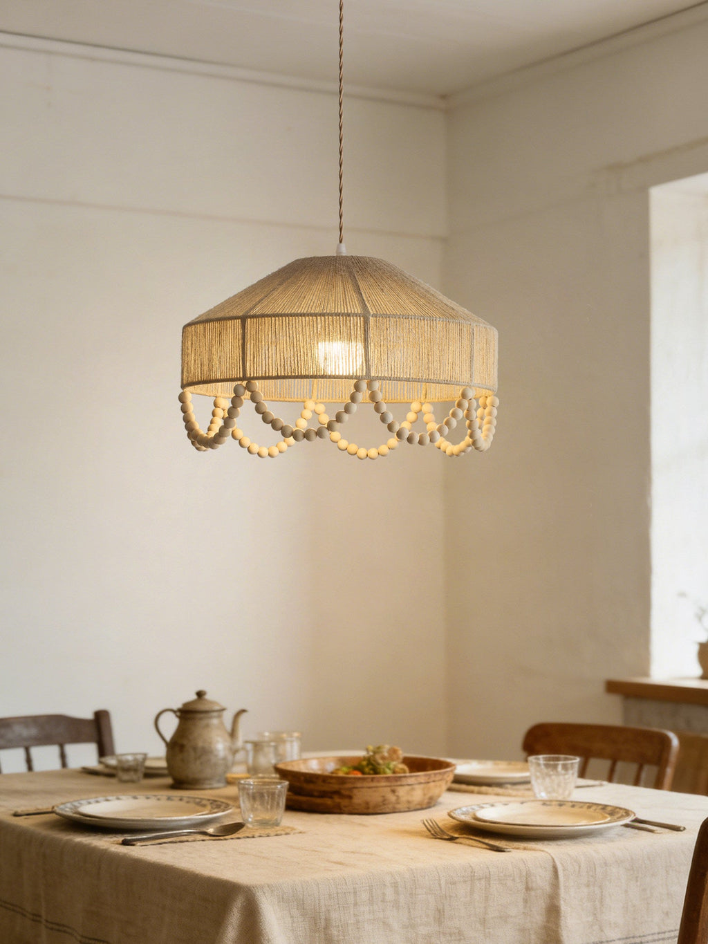 Sora Hemp Rope Wood Pendant Light