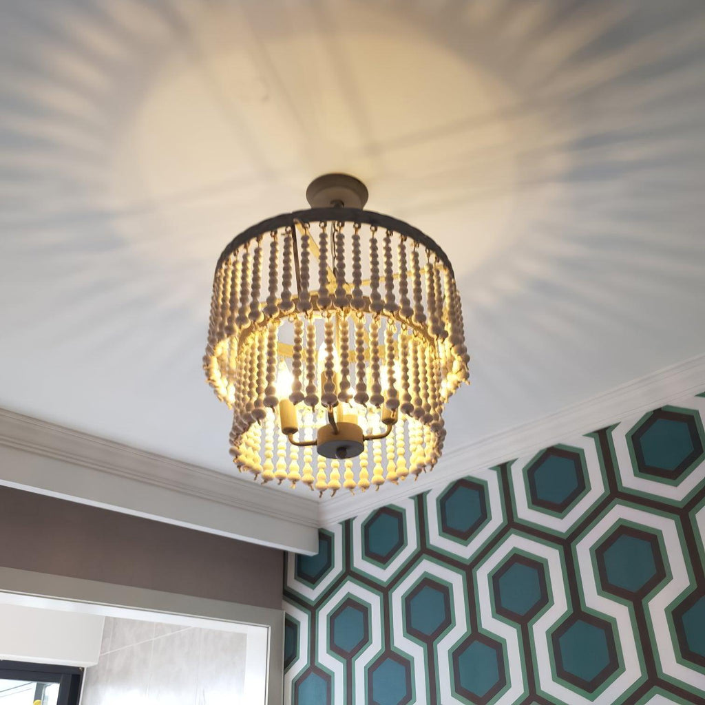 Three Tiered Wood Beaded Chandelier