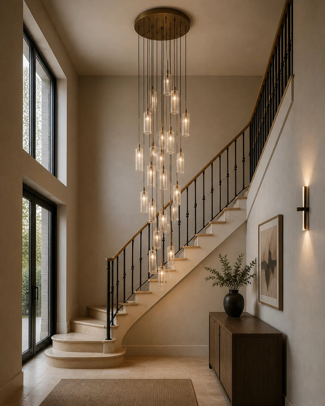 Statement pendant installation beside a high staircase
