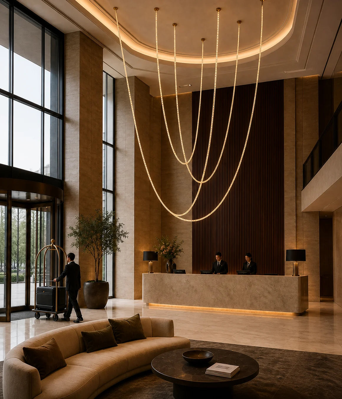 Contemporary hotel lobby with a large suspended lighting installation