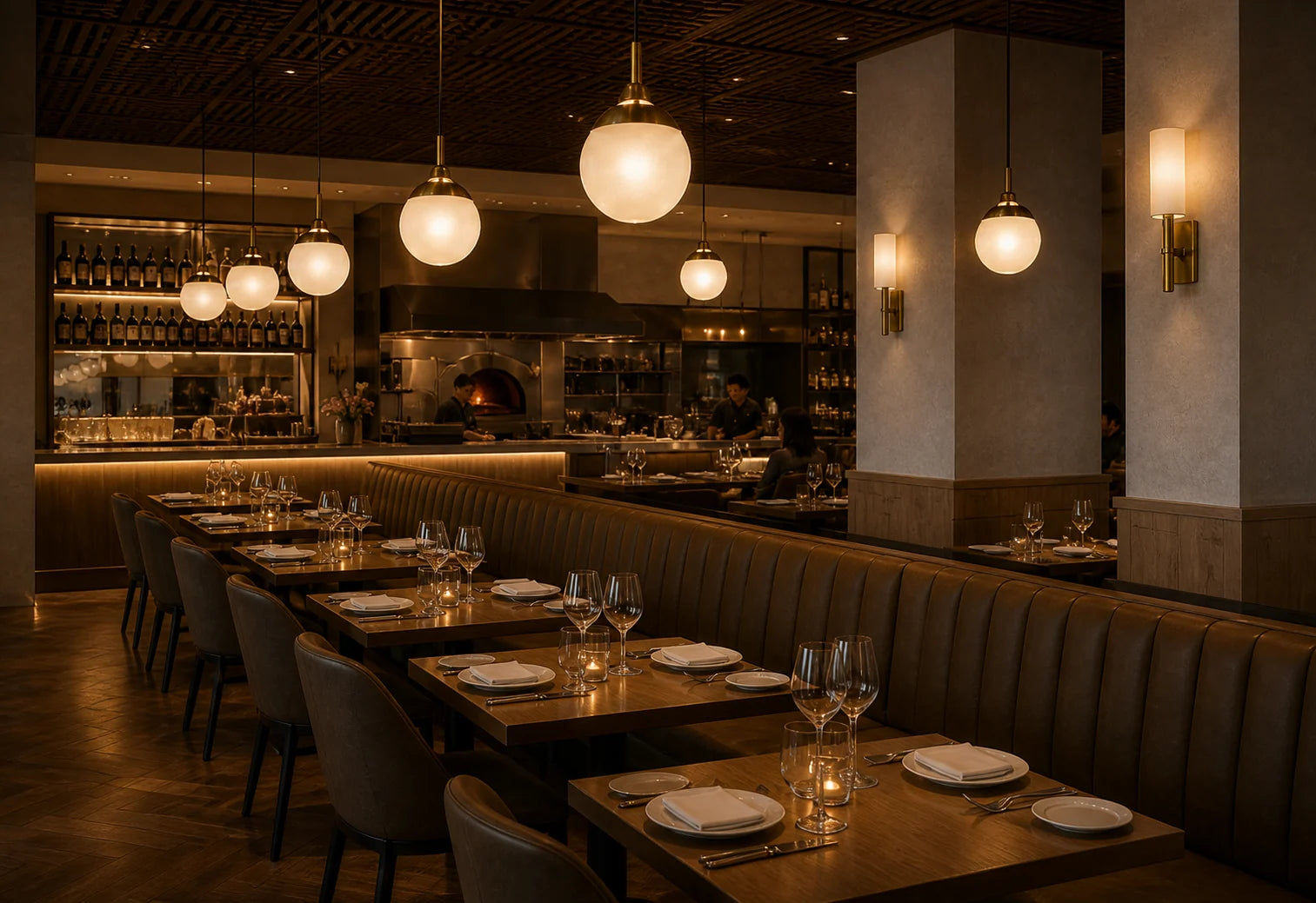 Warm restaurant interior with coordinated pendant lights
