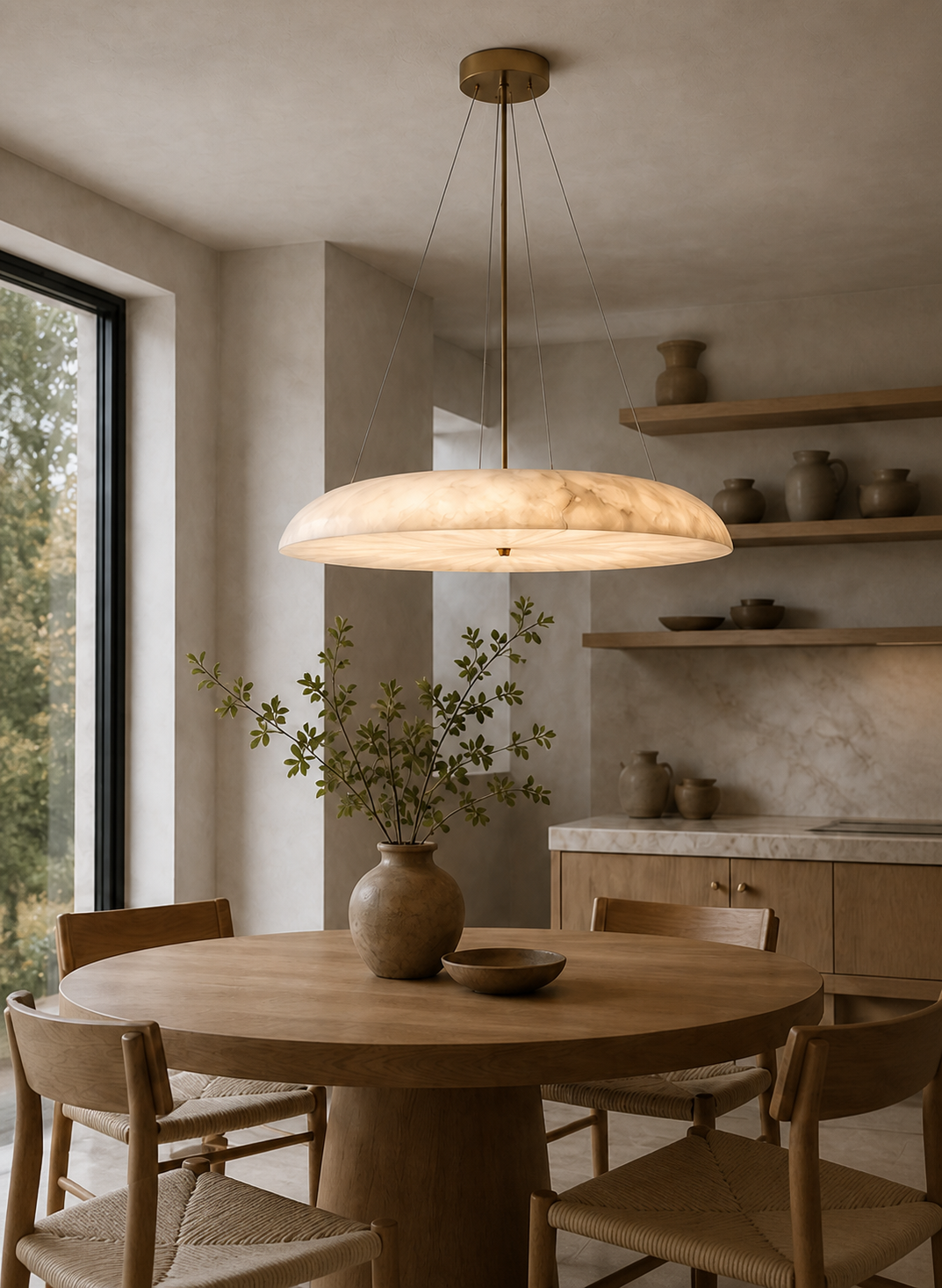 Alabaster pendant lighting a warm dining room