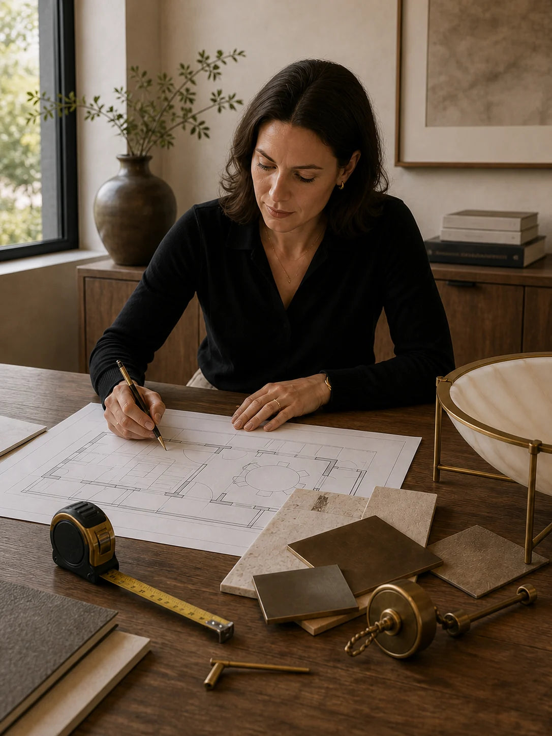 Lighting consultant reviewing a residential lighting plan and material samples